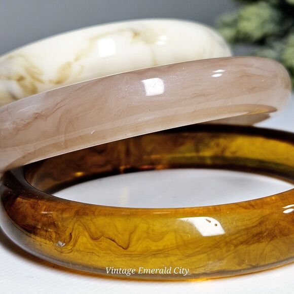 Cherry Tree Marble Swirl Bangles Pink Brown & White Bracelets Boho Set 3 Acrylic - Picture 8 of 10